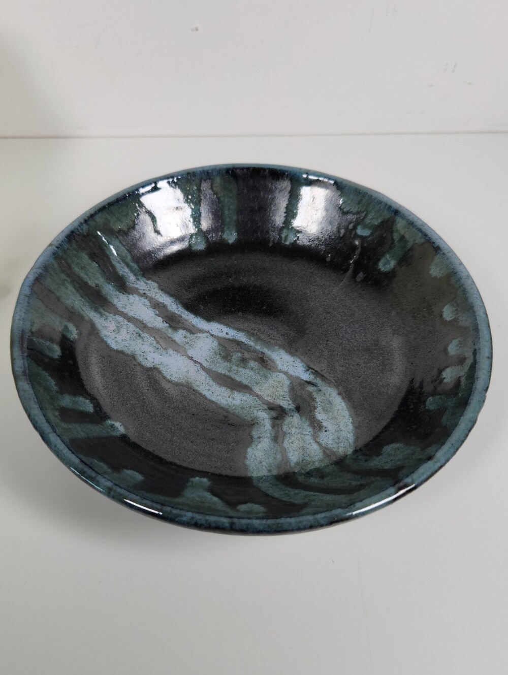 Signed Studio Pottery Black & Blue Abstract Bowl | Stoneware Trinket Dish 8"